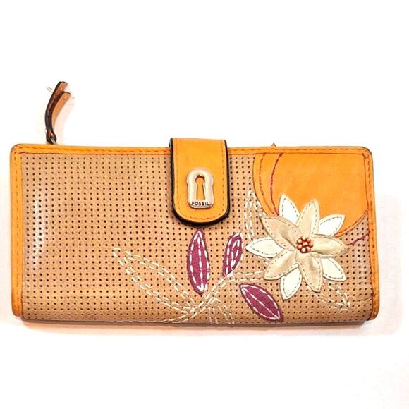 Fossil Womens Orange Leather Flower Snap Wallet - Picture 1 of 13